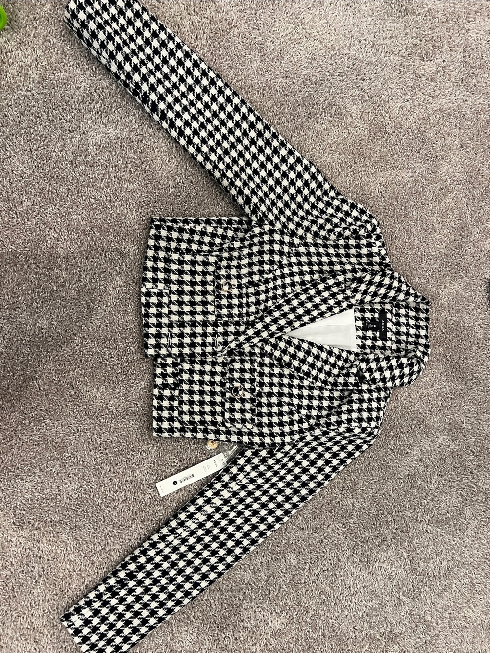 Aqua Black and White Houndstooth Double-Breasted Blazer
